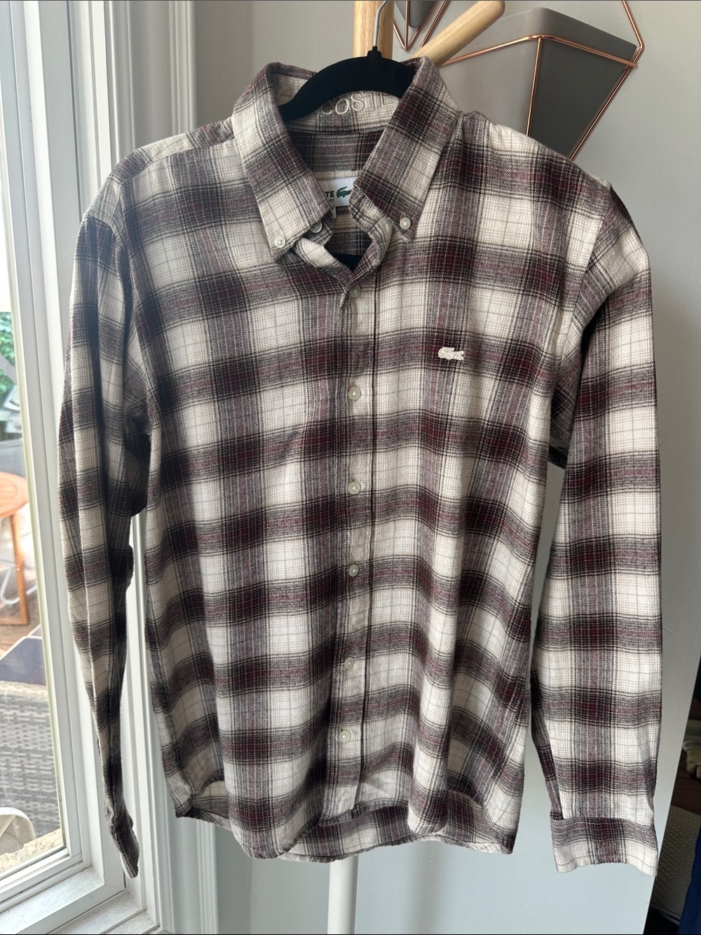 LACOSTE Men’s Small Plaid Button-Down Shirt Gray Burgundy Lightweight Flannel